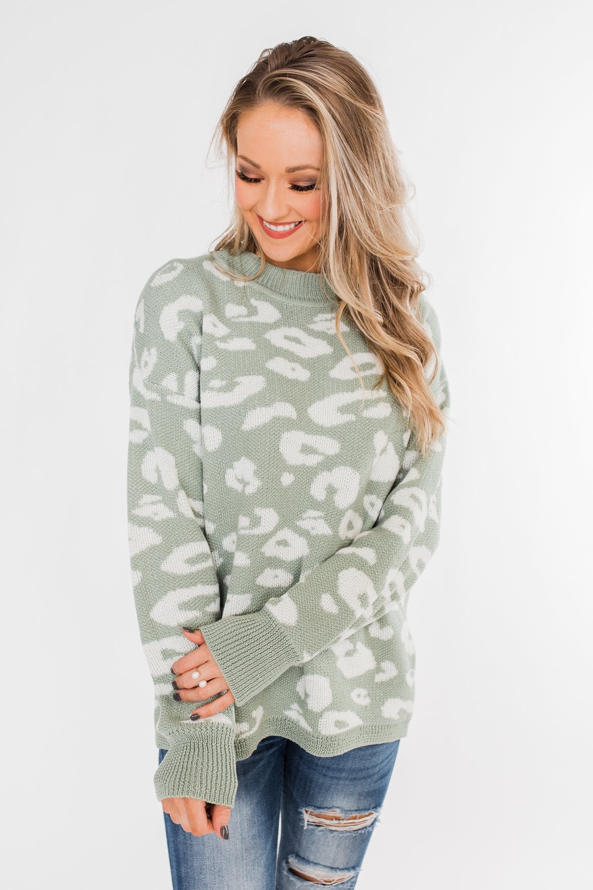 Journey Into The Jungle Leopard Sweater- Light Sage