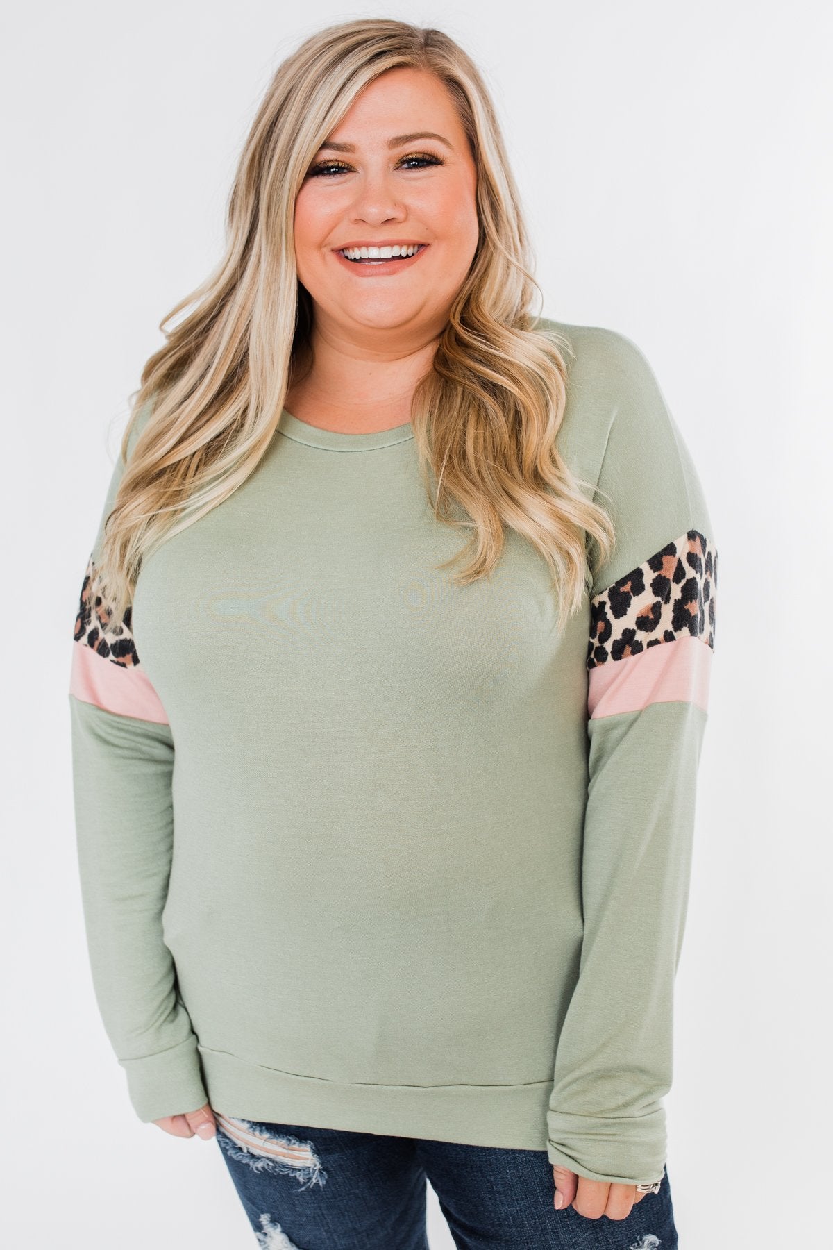 Can't Be Tamed Long Sleeve Top- Sage, Leopard, & Blush