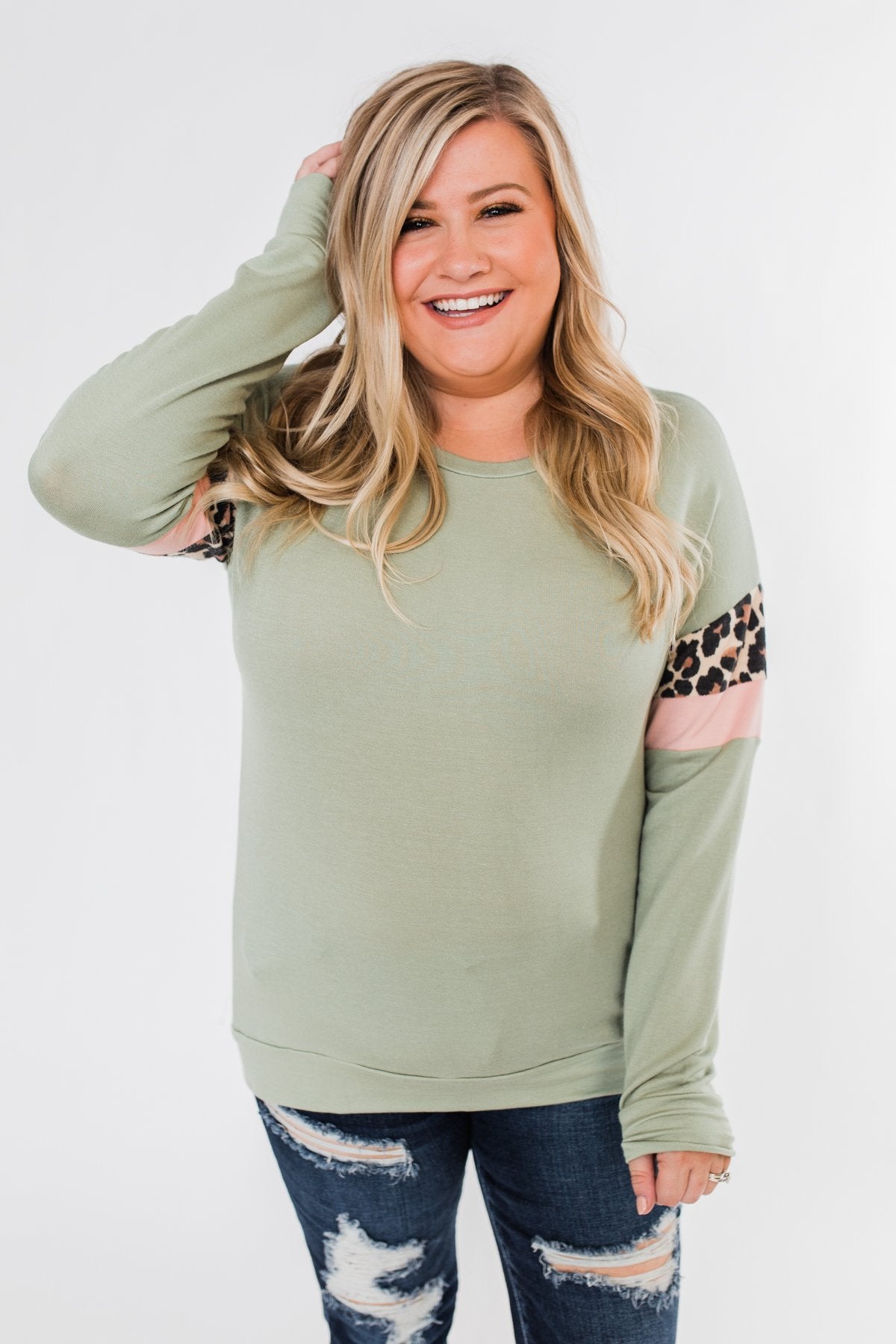 Can't Be Tamed Long Sleeve Top- Sage, Leopard, & Blush