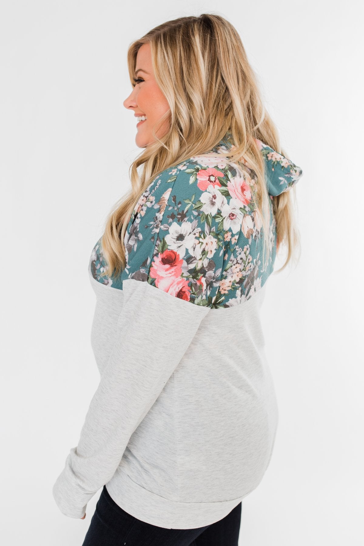 Most Beautiful Of Them All Cowl Neck Top- Heather Grey & Teal