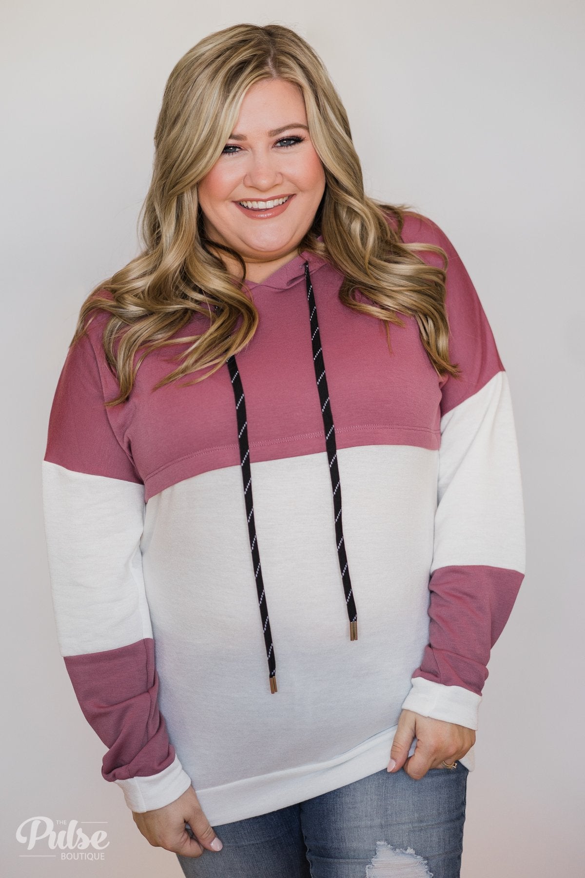 Room For More Color Block Hoodie- Mulberry & Ivory