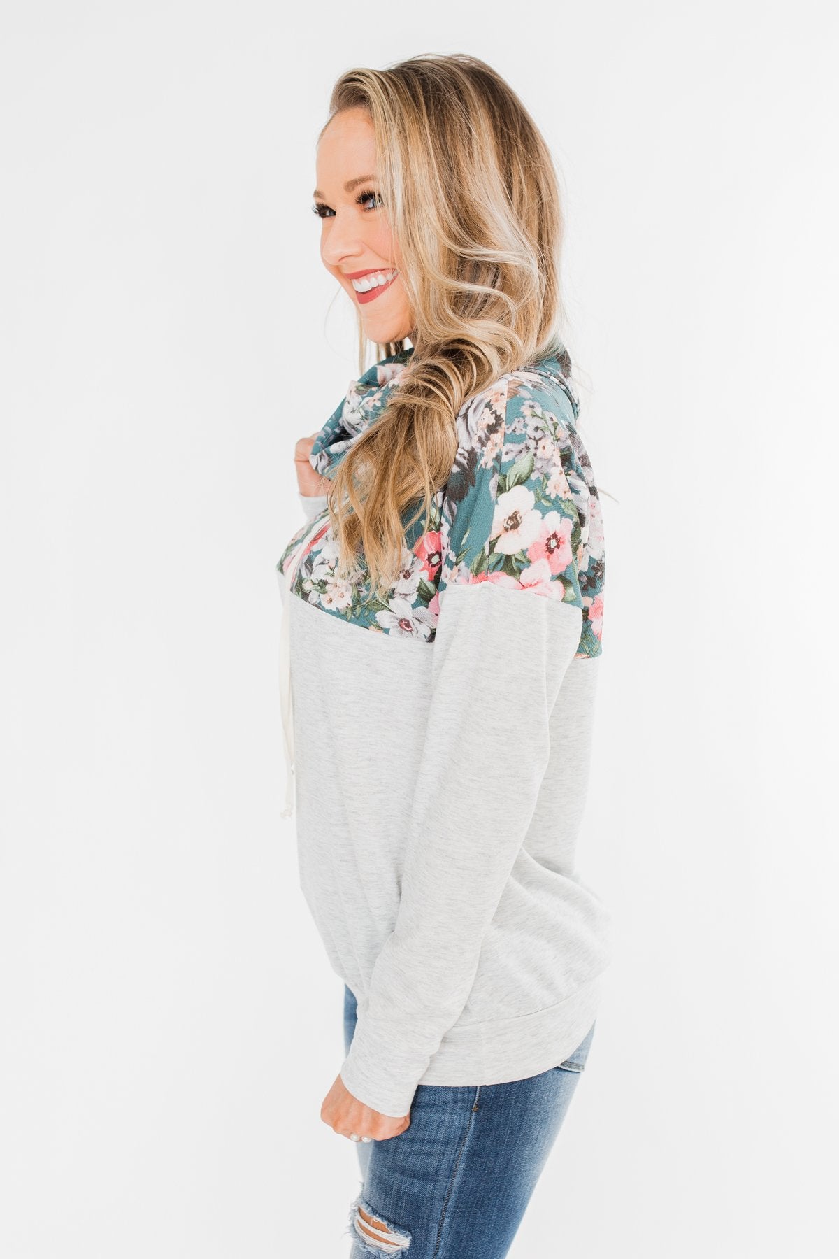 Most Beautiful Of Them All Cowl Neck Top- Heather Grey & Teal