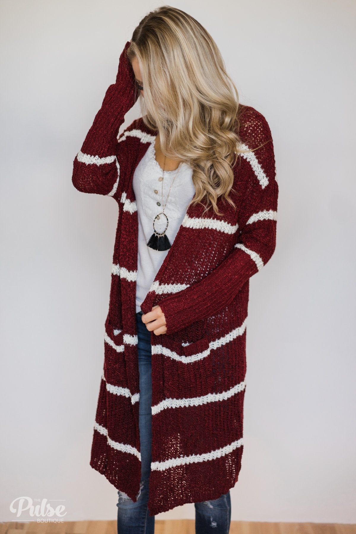 Long Knitted Striped Cardigan- Burgundy