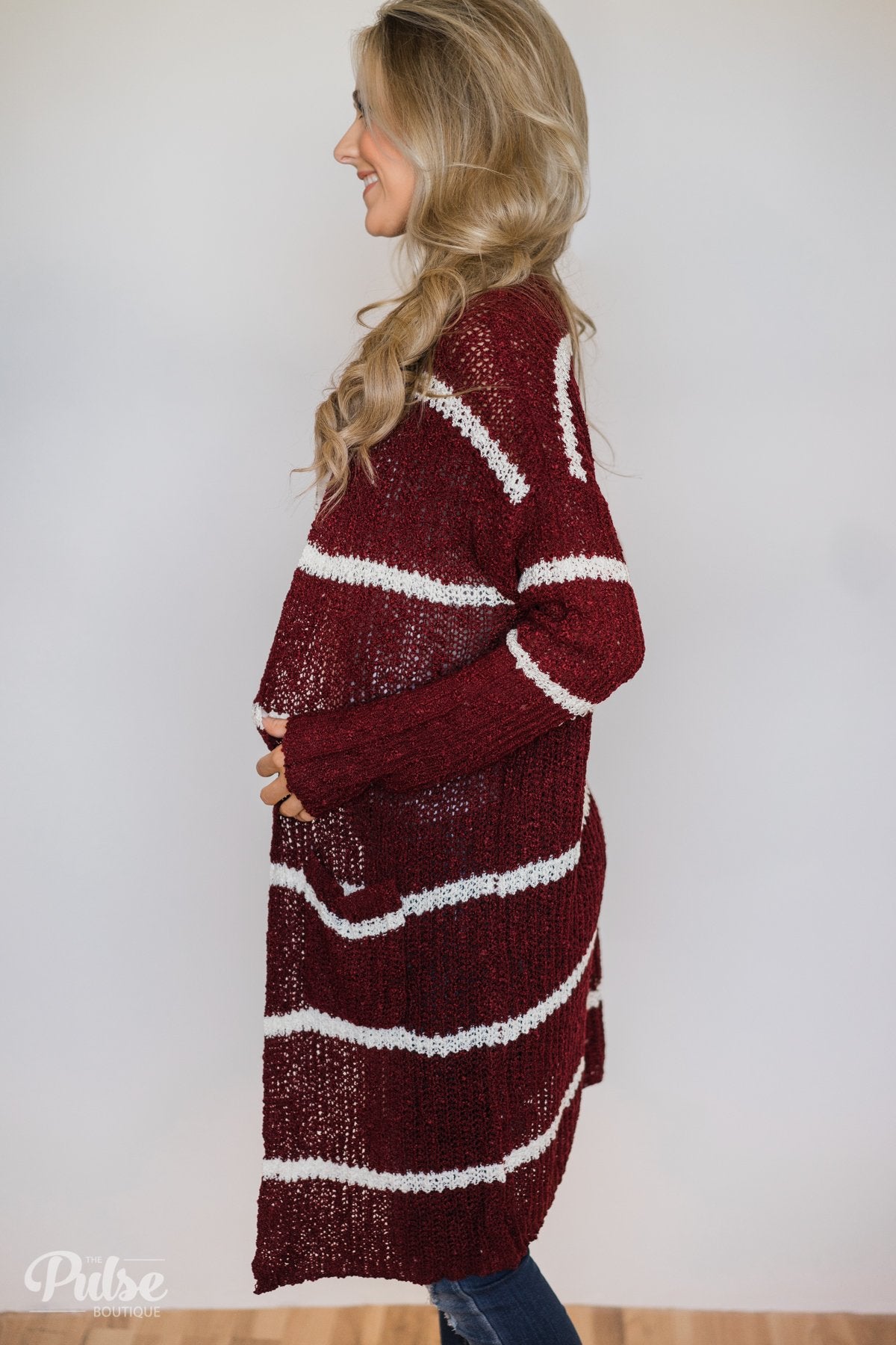 Long Knitted Striped Cardigan- Burgundy