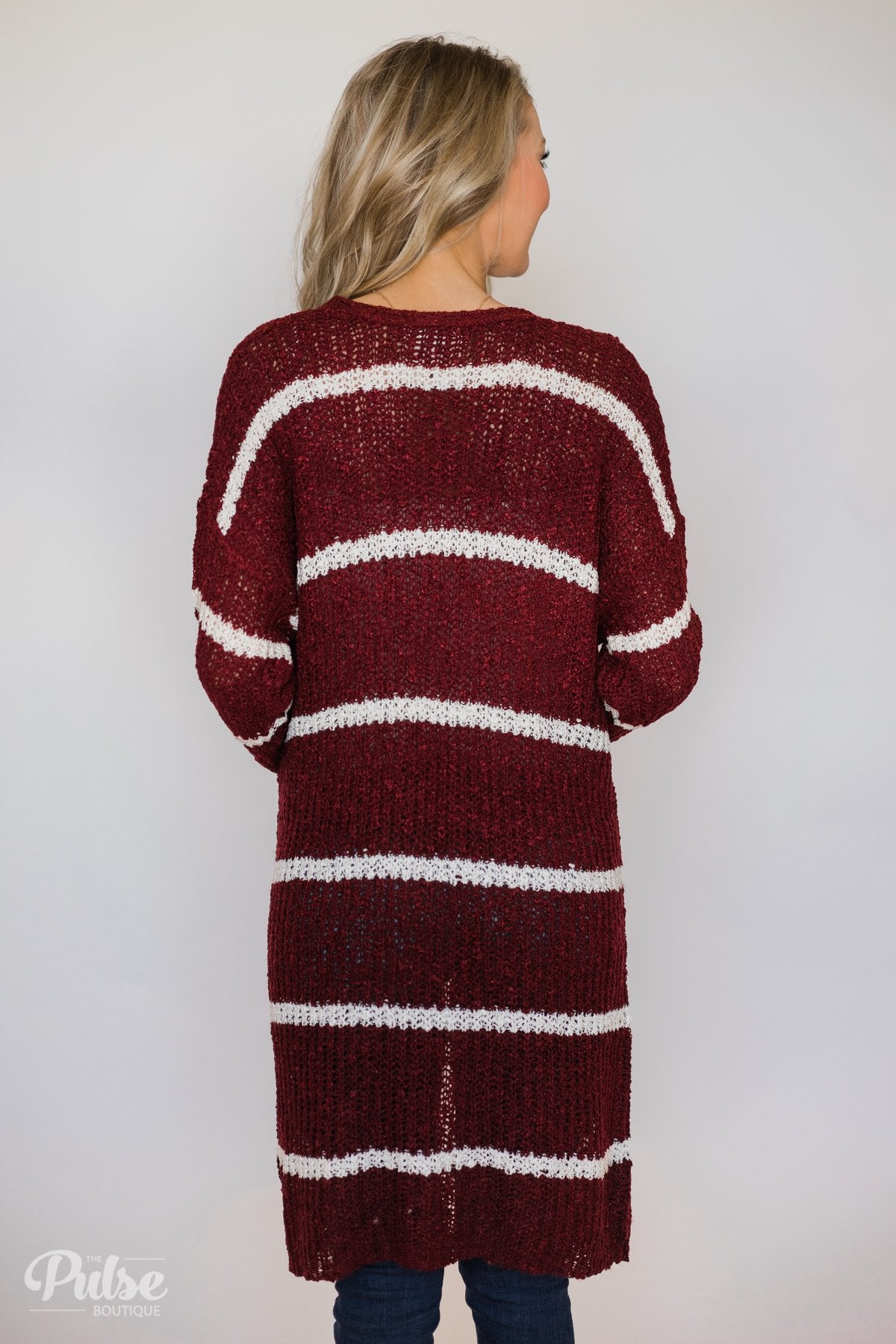 Long Knitted Striped Cardigan- Burgundy