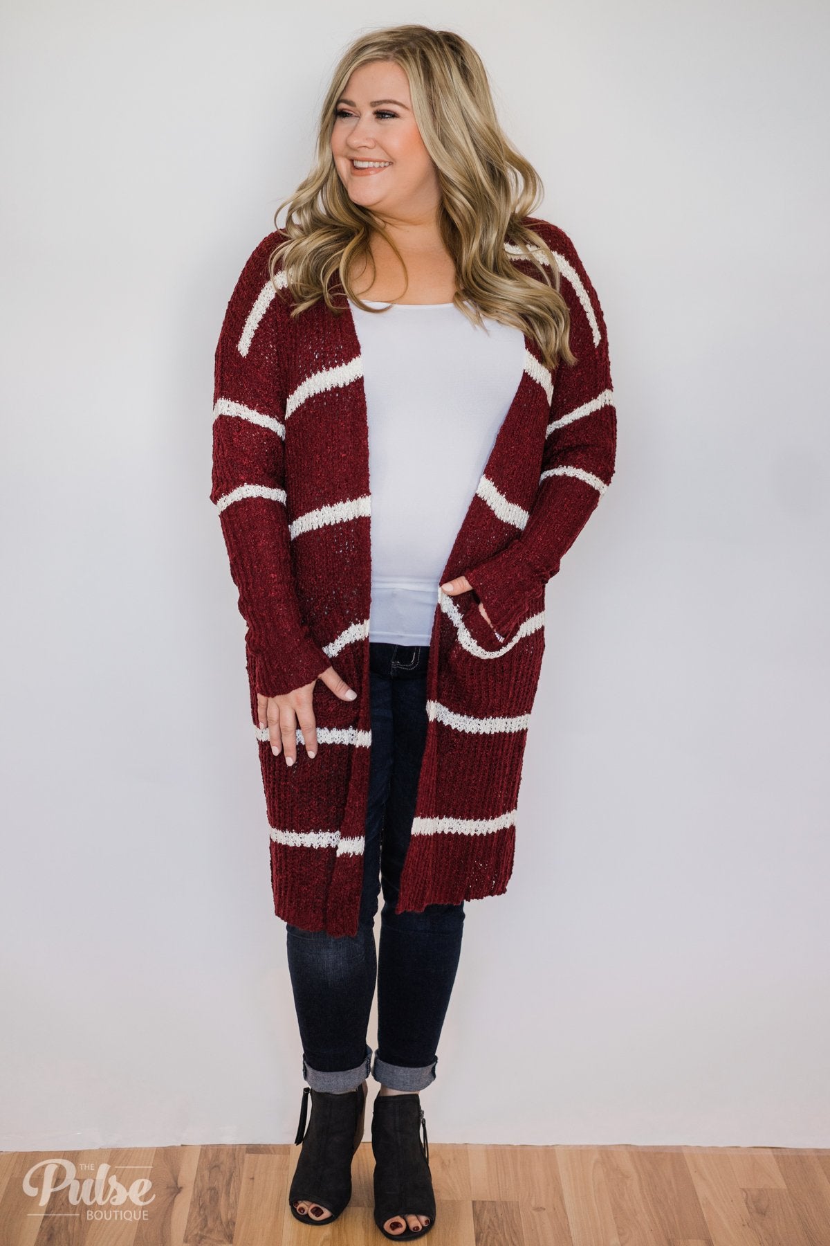Long Knitted Striped Cardigan- Burgundy