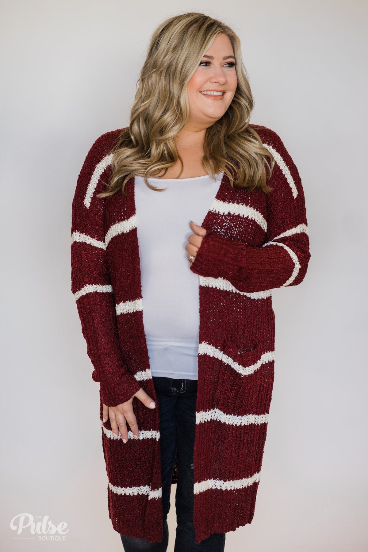 Long Knitted Striped Cardigan- Burgundy