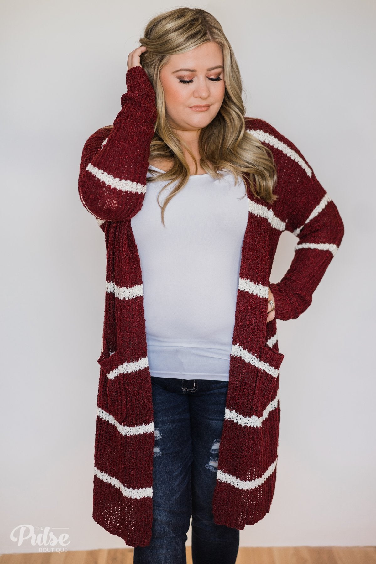 Long Knitted Striped Cardigan- Burgundy