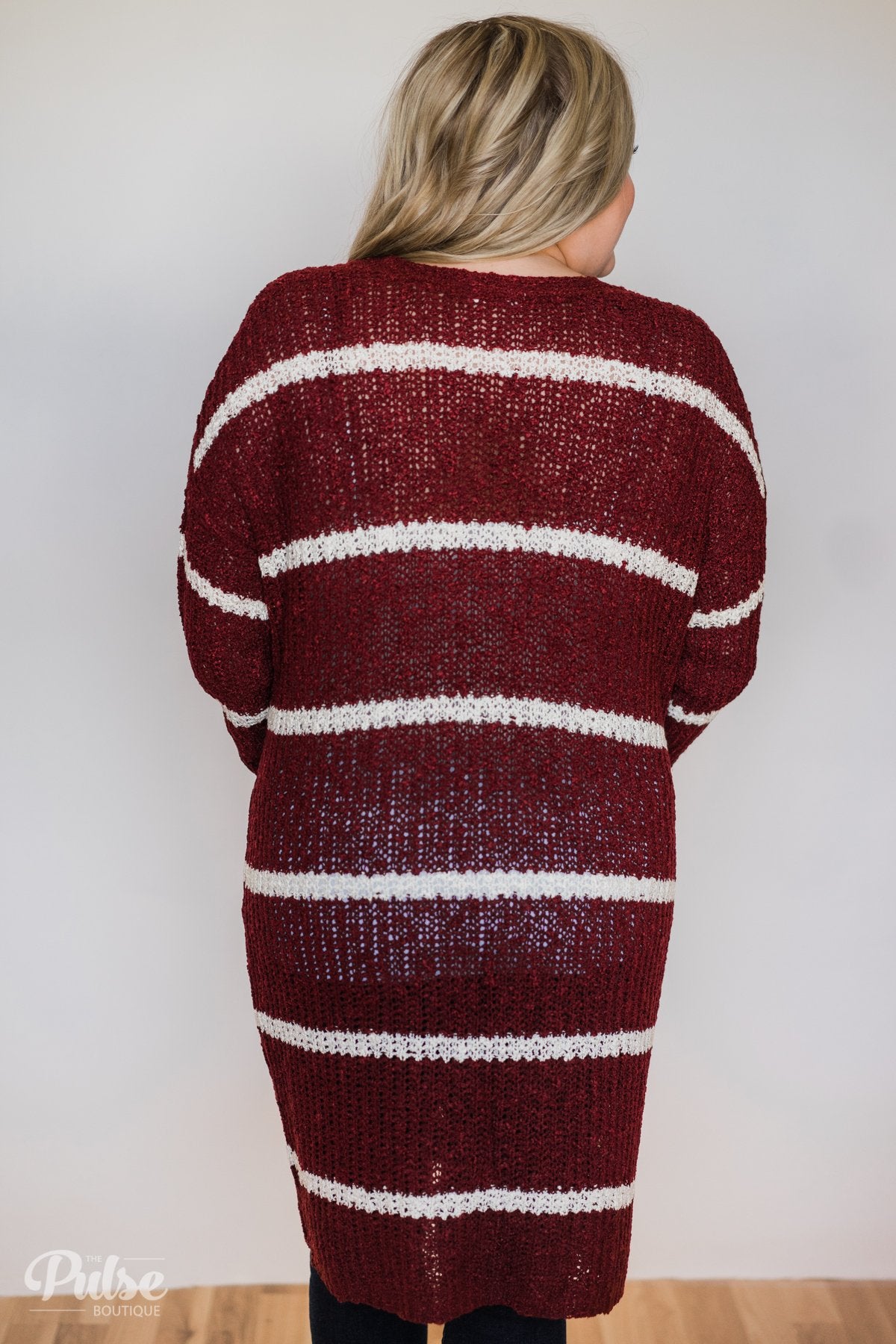 Long Knitted Striped Cardigan- Burgundy