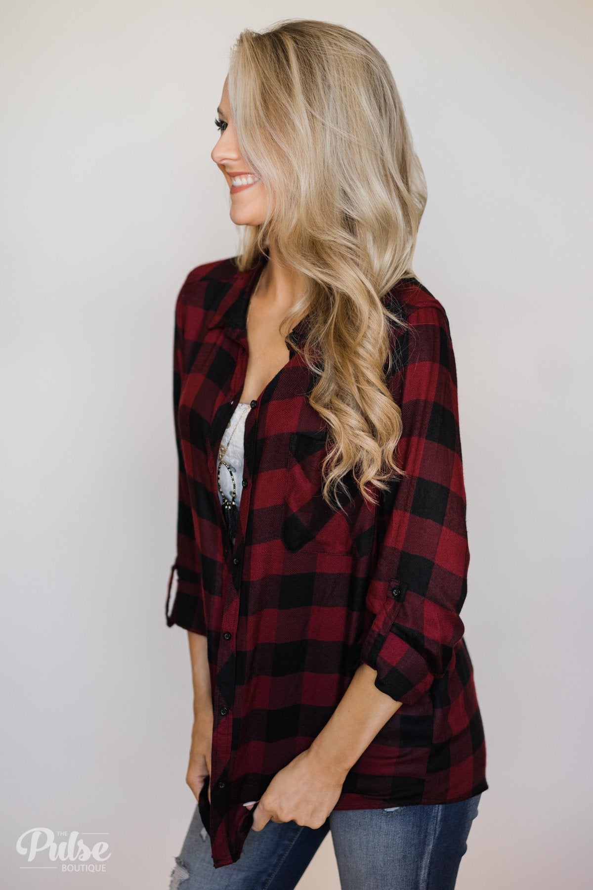 Casual Buffalo Plaid Button Up Top- Deep Red