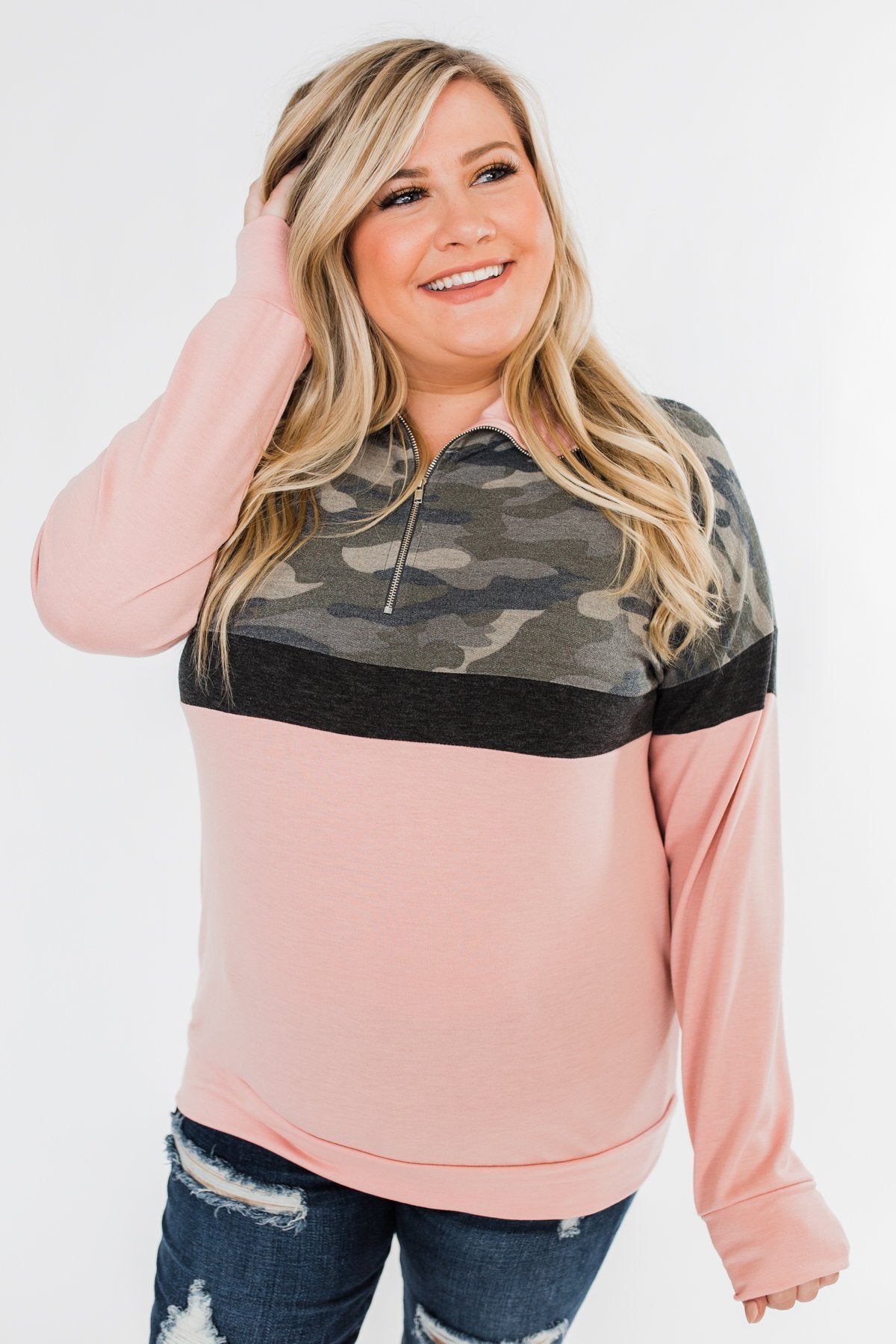 Our Little Secret Quarter Zip Pullover- Camo & Blush
