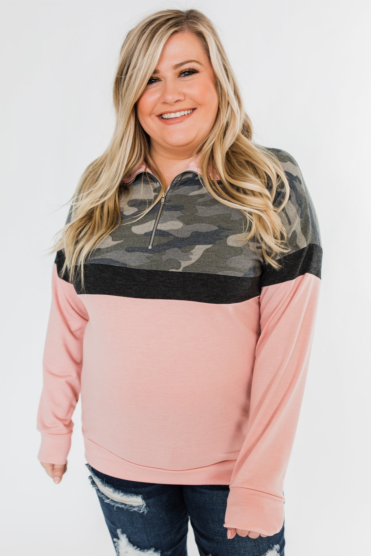 Our Little Secret Quarter Zip Pullover- Camo & Blush