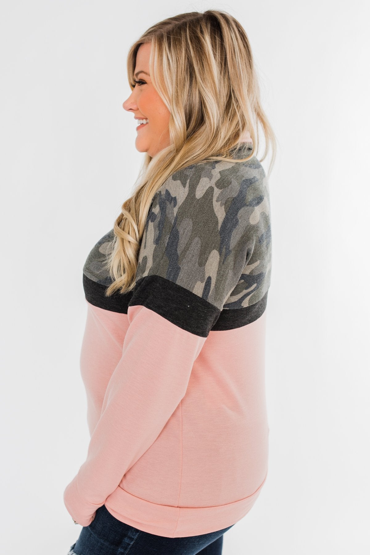 Our Little Secret Quarter Zip Pullover- Camo & Blush