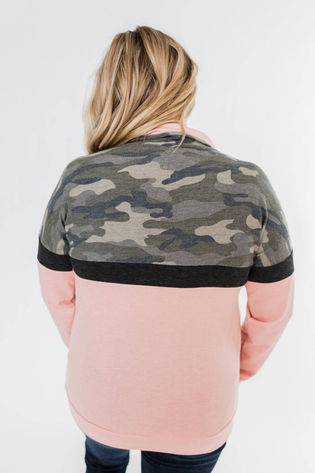 Our Little Secret Quarter Zip Pullover- Camo & Blush