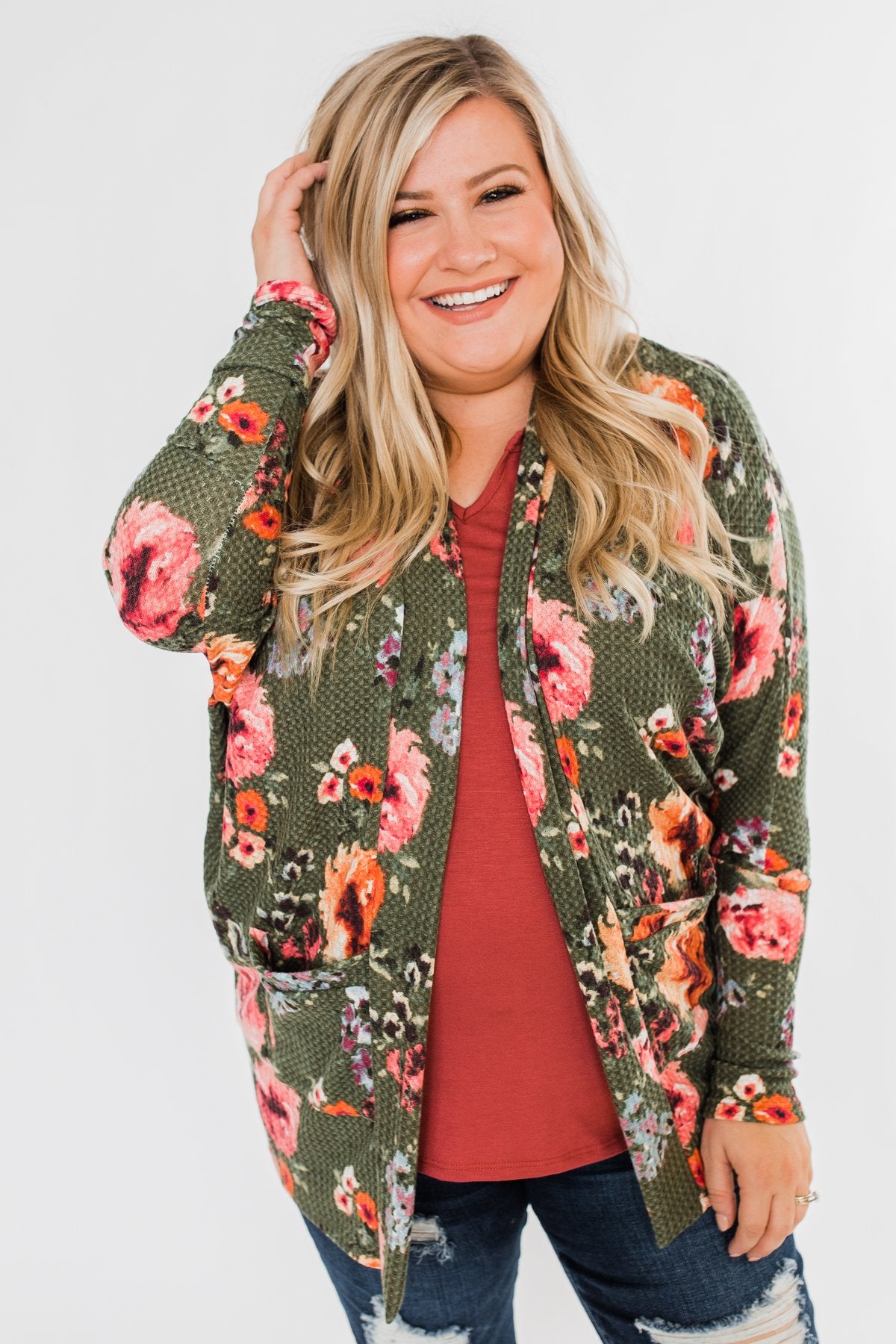 Making Promises Floral Cardigan- Olive