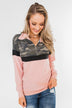 Our Little Secret Quarter Zip Pullover- Camo & Blush