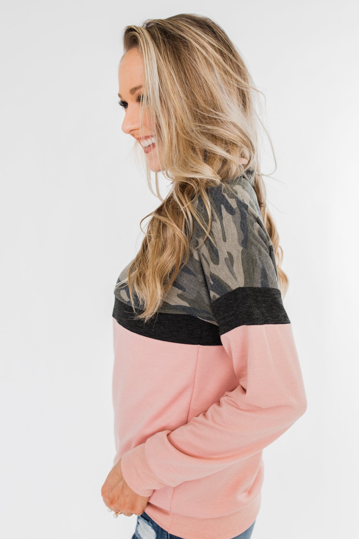 Our Little Secret Quarter Zip Pullover- Camo & Blush
