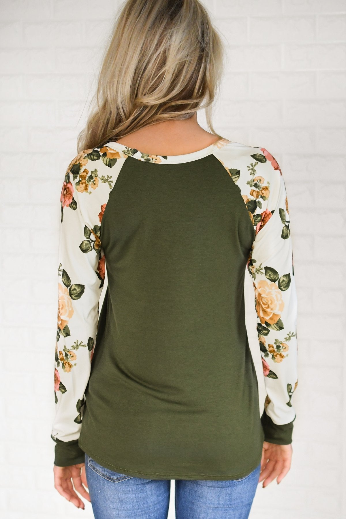 The One for Me Floral Sleeve Olive Top