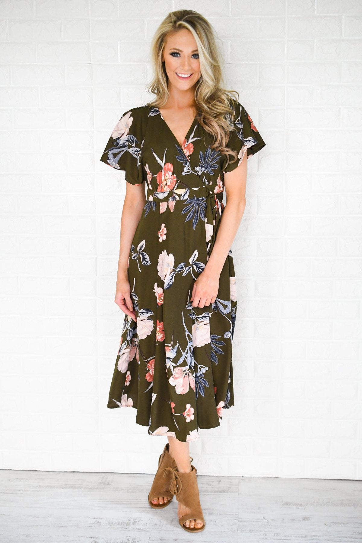 Flaunt it Babe Olive Floral Wrap Dress