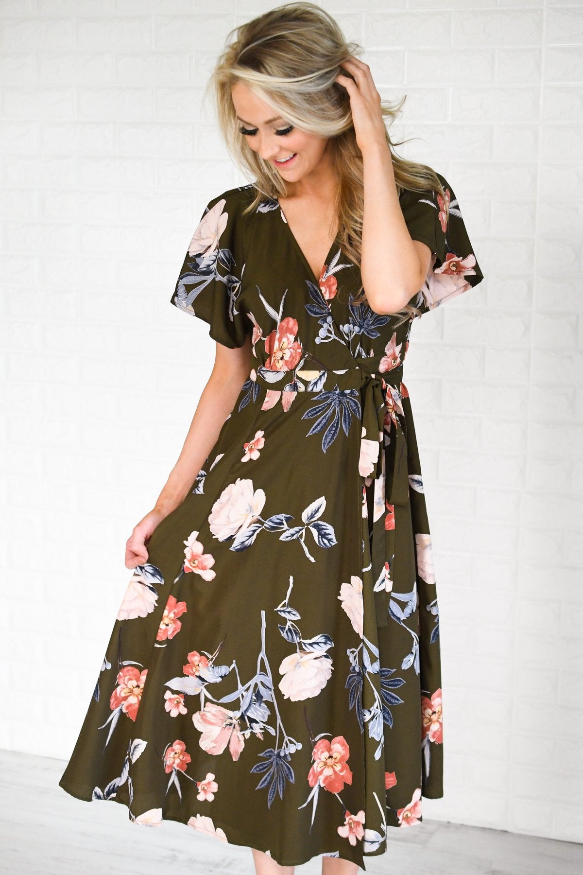 Flaunt it Babe Olive Floral Wrap Dress