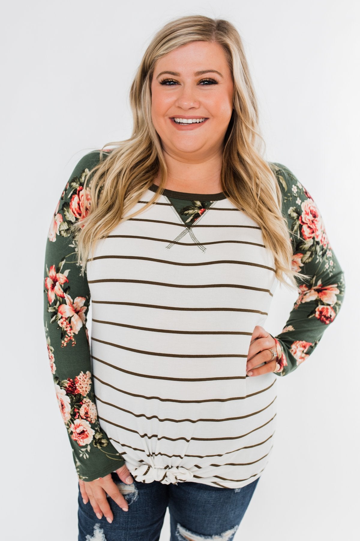 The Perfect Day Striped Floral Top- Olive & Ivory