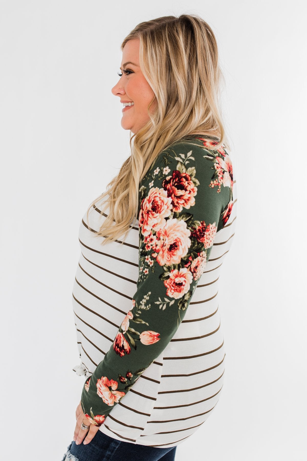 The Perfect Day Striped Floral Top- Olive & Ivory