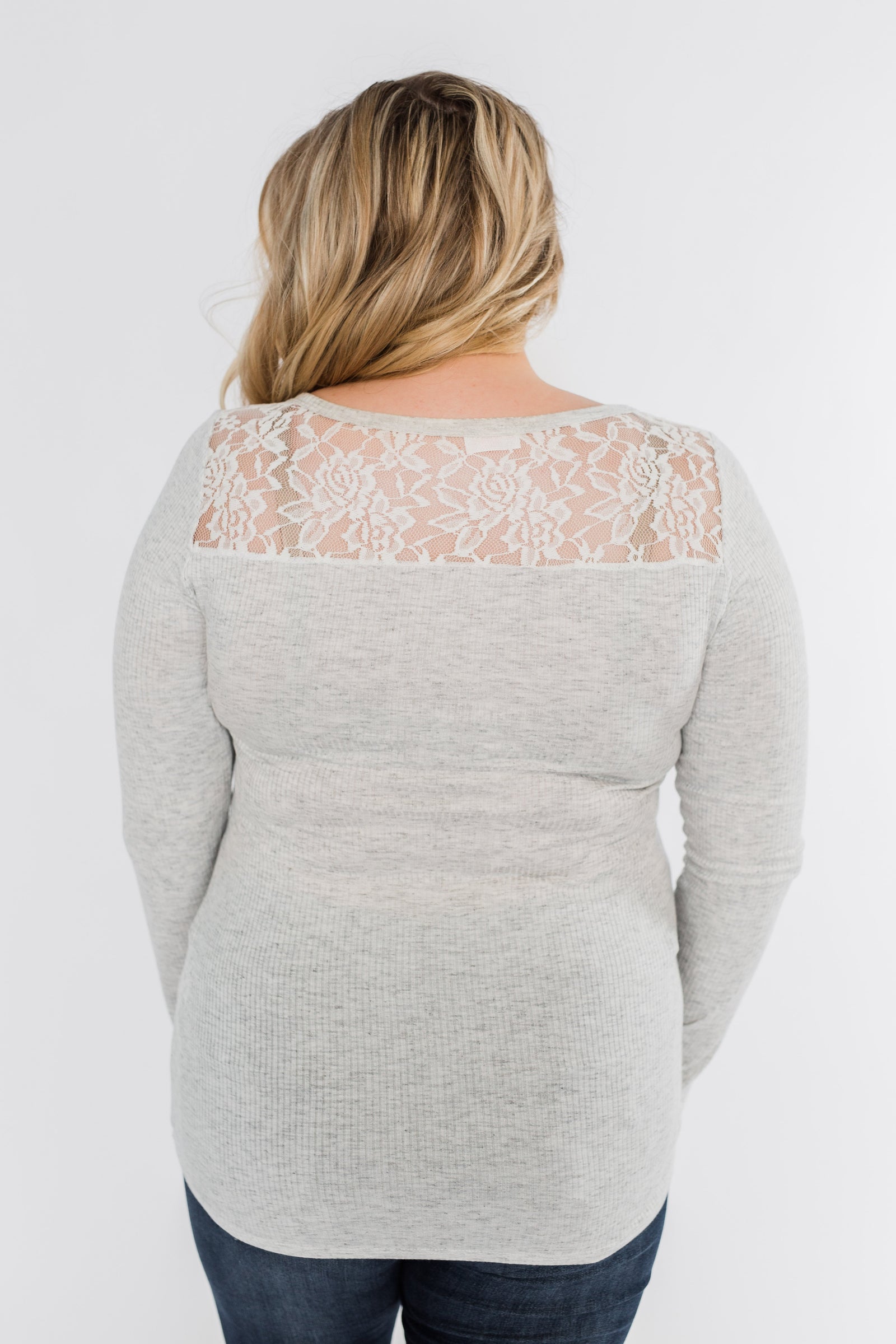 Lace Back 5-Button Henley Top- Light Heather Grey