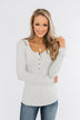 Lace Back 5-Button Henley Top- Light Heather Grey