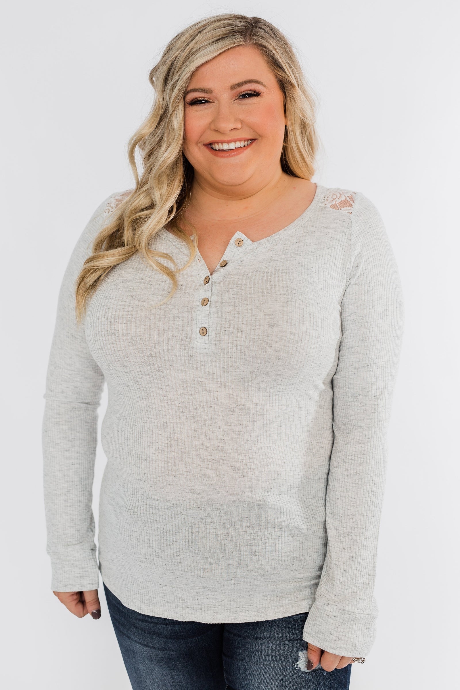 Lace Back 5-Button Henley Top- Light Heather Grey