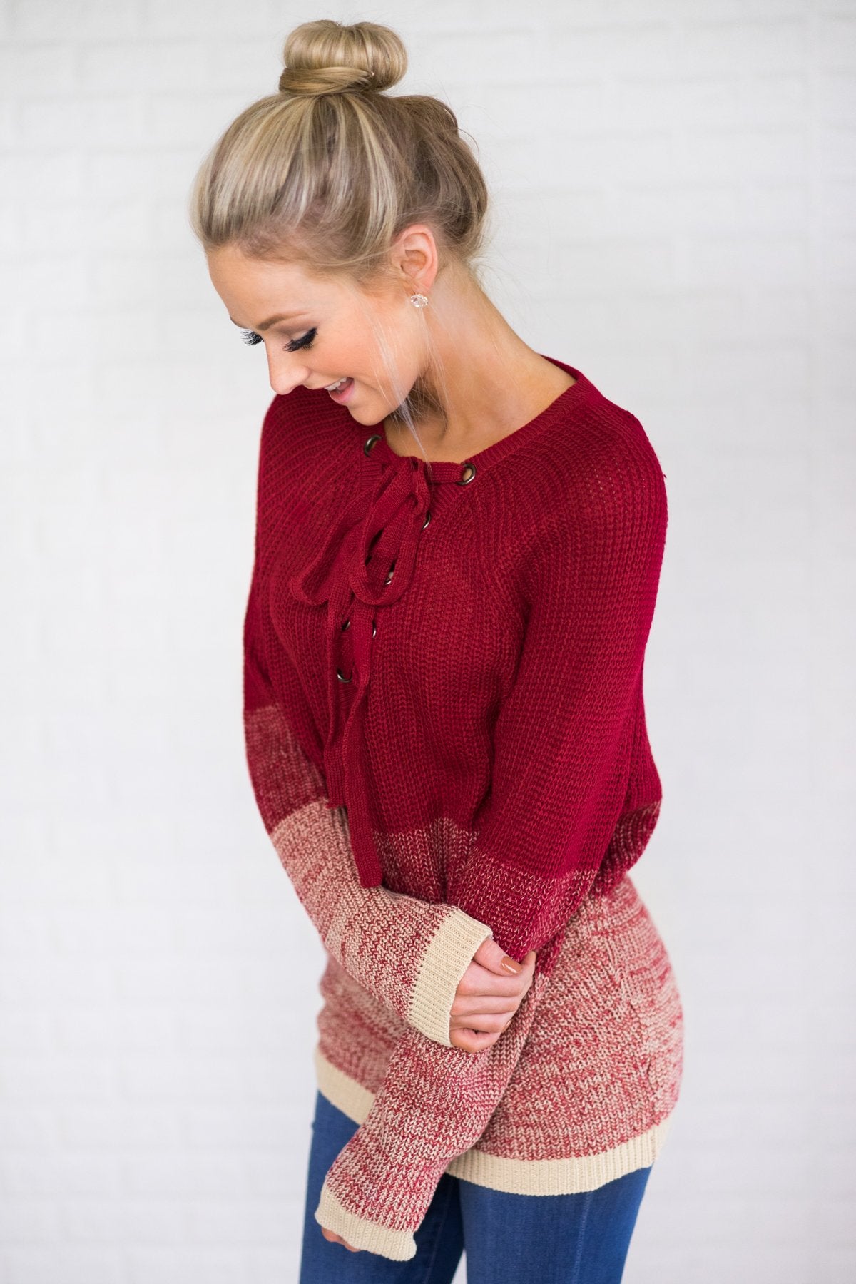 Ombre Lace Up Red Sweater