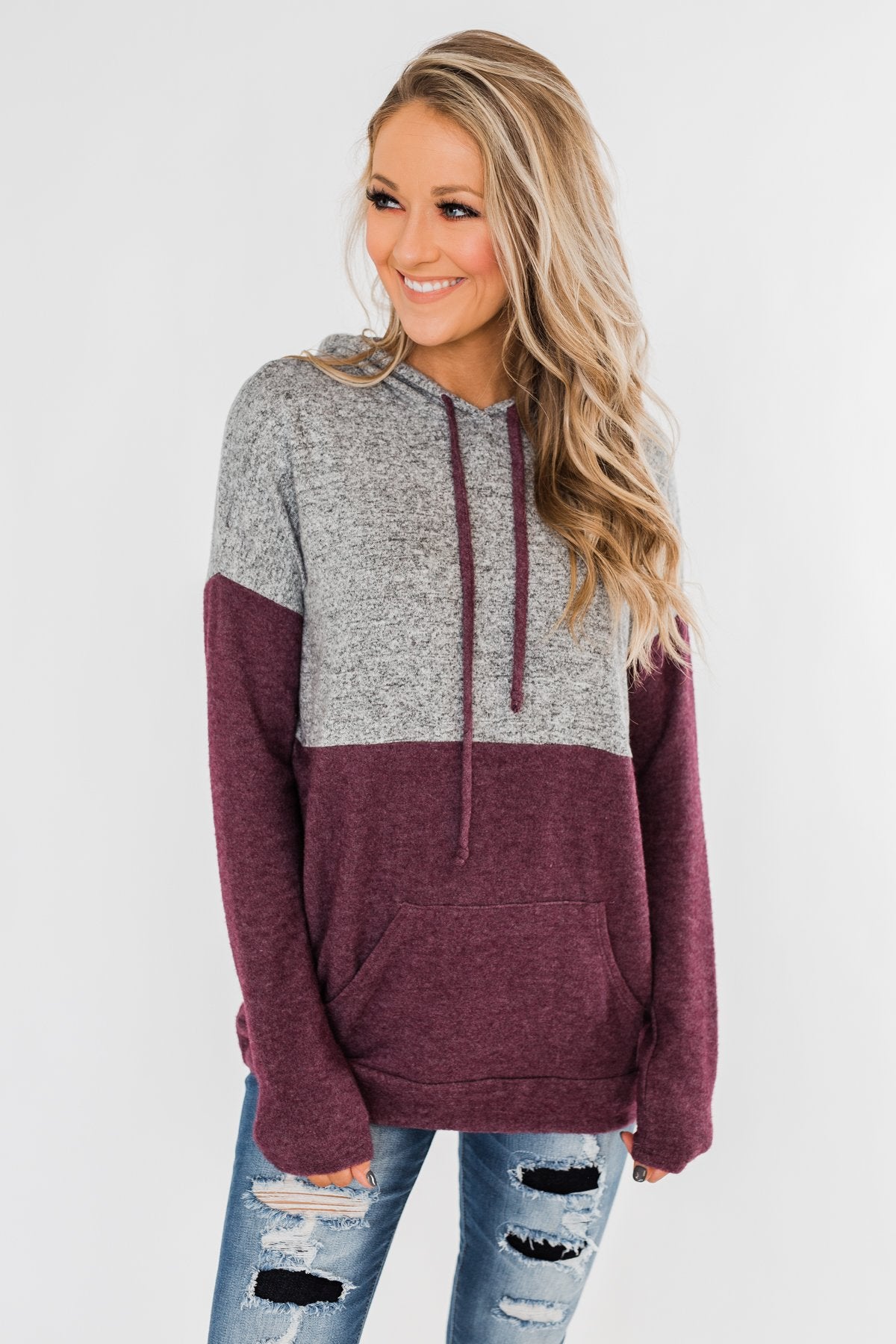 Melting Into You Drawstring Hoodie- Plum & Heather Grey