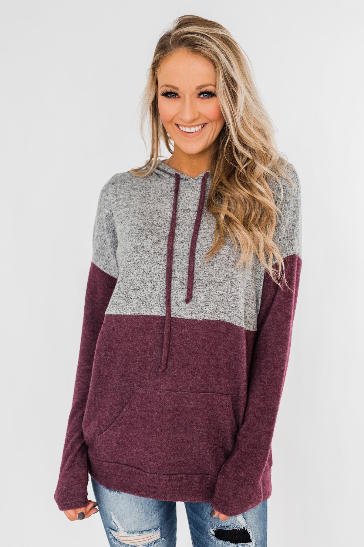 Melting Into You Drawstring Hoodie- Plum & Heather Grey