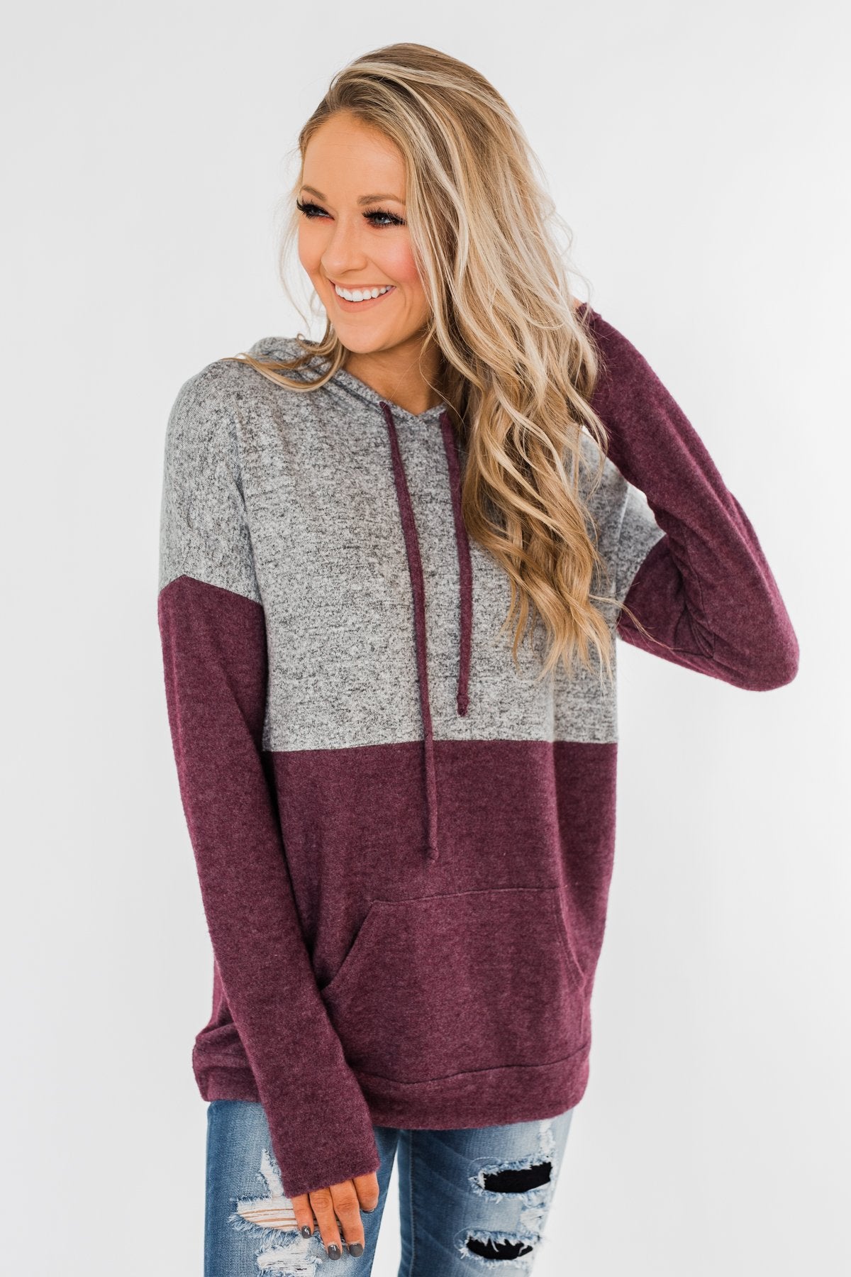 Melting Into You Drawstring Hoodie- Plum & Heather Grey