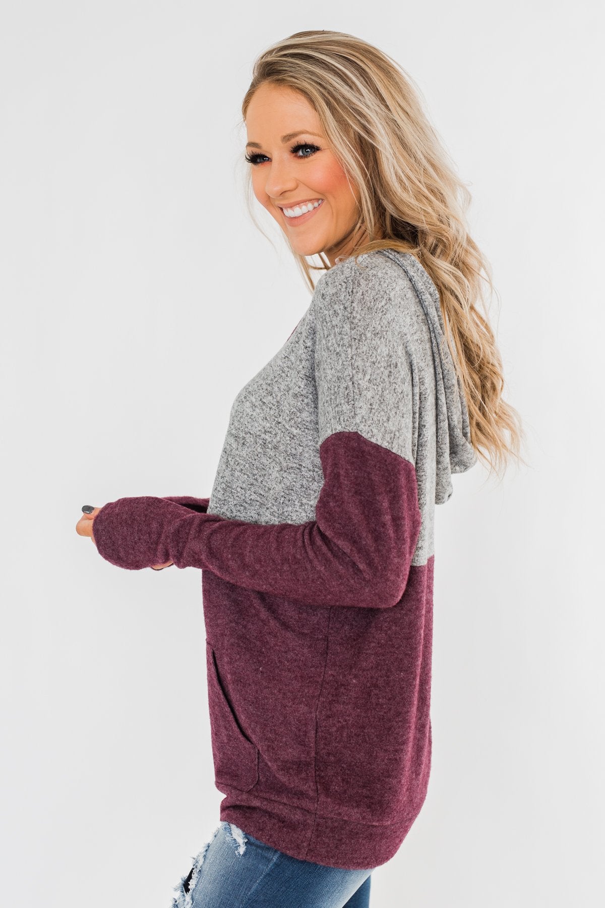 Melting Into You Drawstring Hoodie- Plum & Heather Grey
