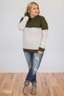 Easy Day Color Block Crewneck Sweater- Olive