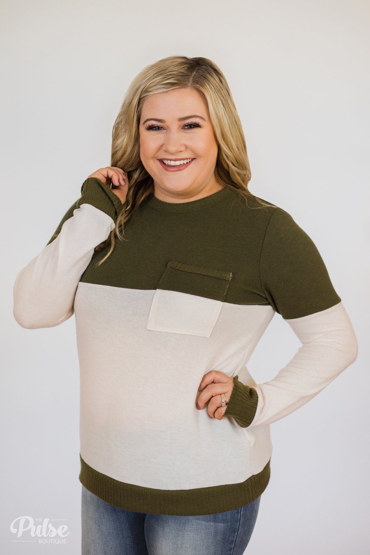 Easy Day Color Block Crewneck Sweater- Olive