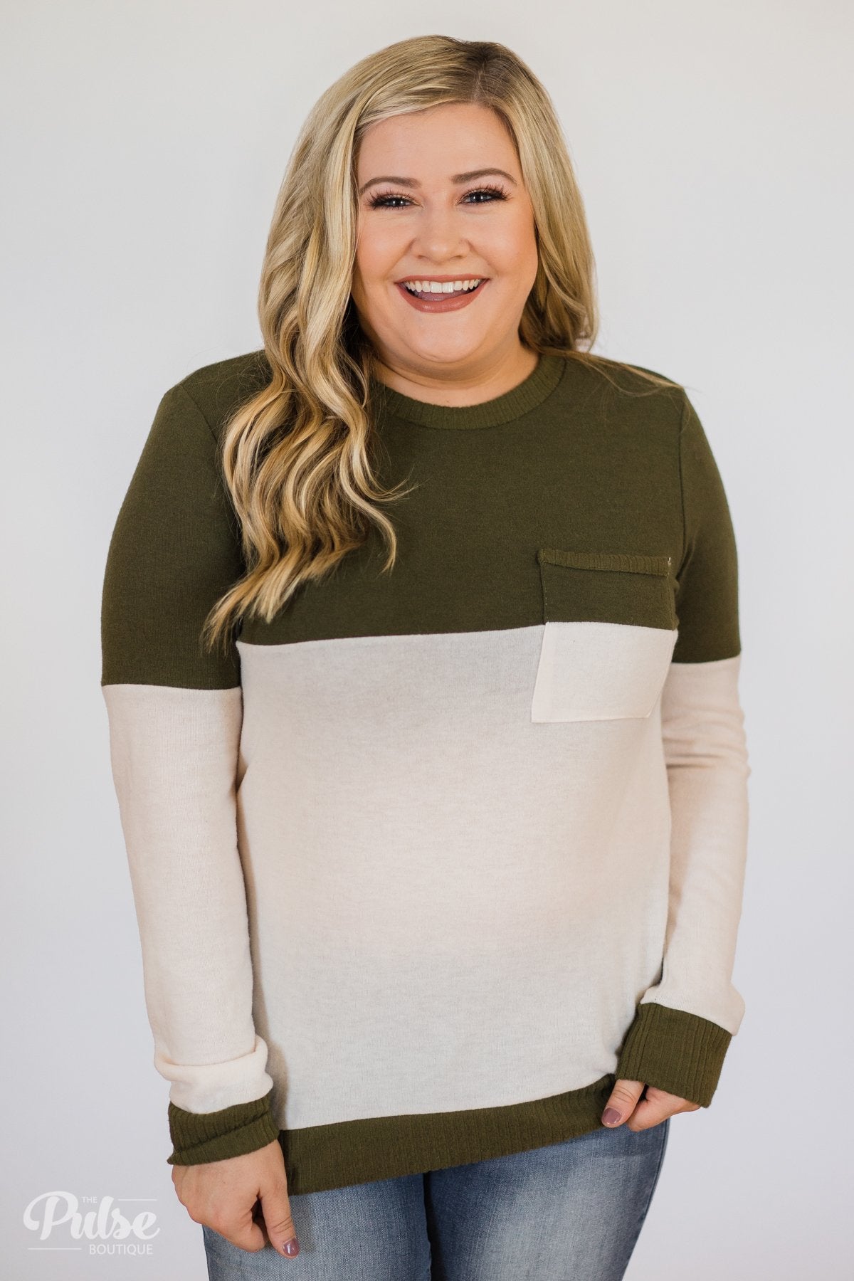 Easy Day Color Block Crewneck Sweater- Olive