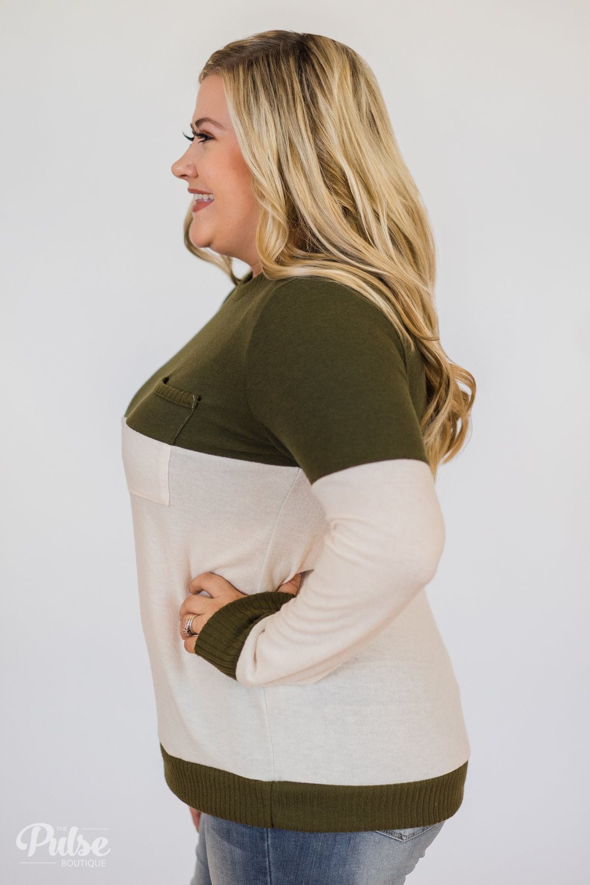 Easy Day Color Block Crewneck Sweater- Olive