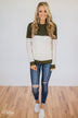 Easy Day Color Block Crewneck Sweater- Olive