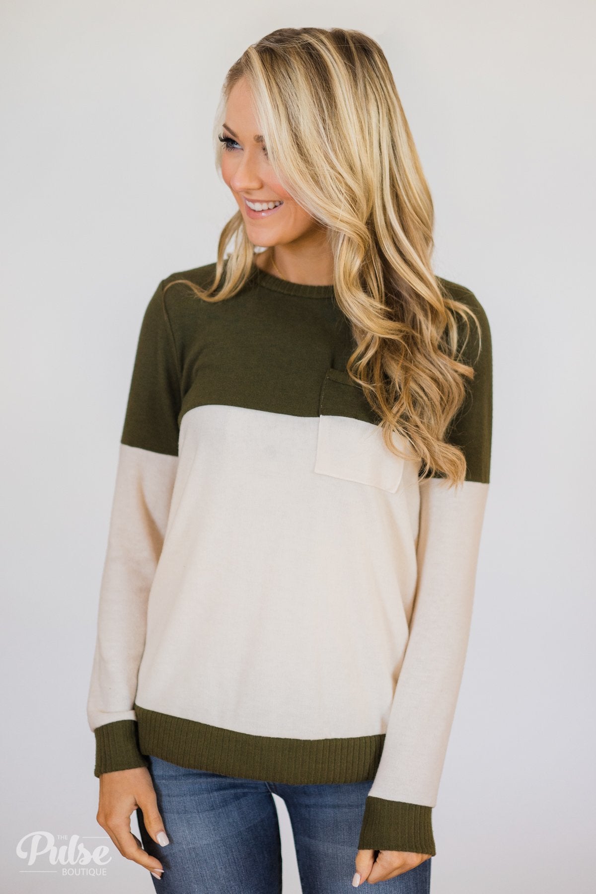 Easy Day Color Block Crewneck Sweater- Olive