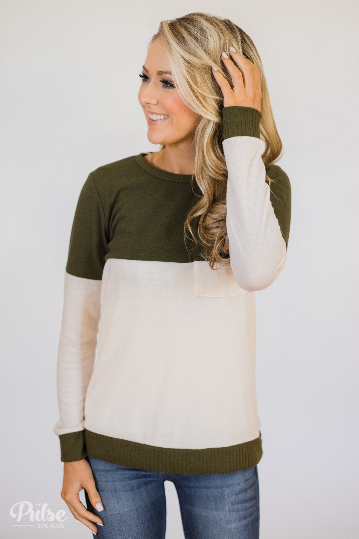 Easy Day Color Block Crewneck Sweater- Olive