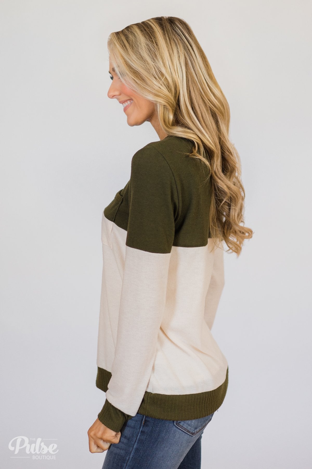 Easy Day Color Block Crewneck Sweater- Olive
