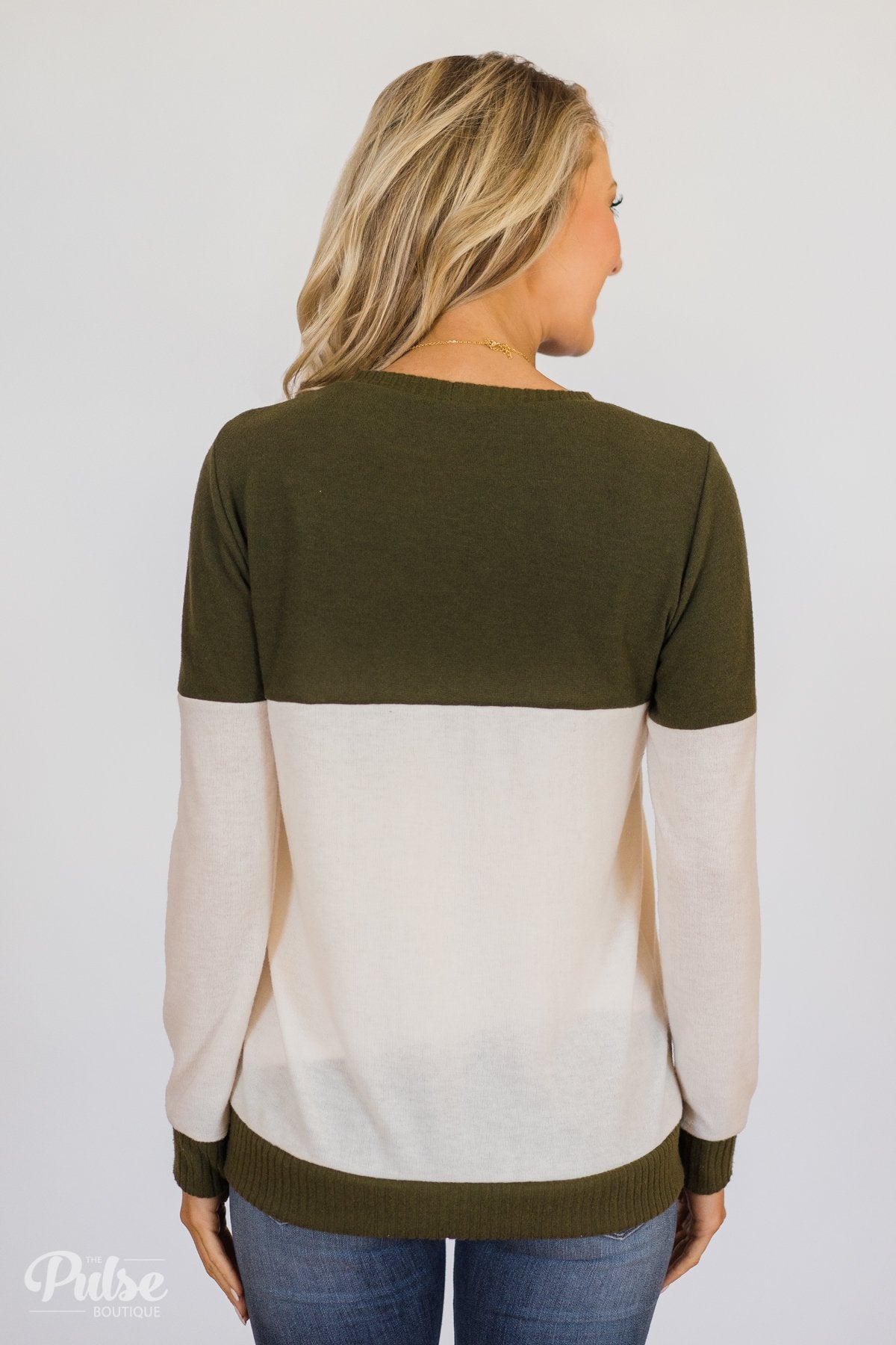 Easy Day Color Block Crewneck Sweater- Olive