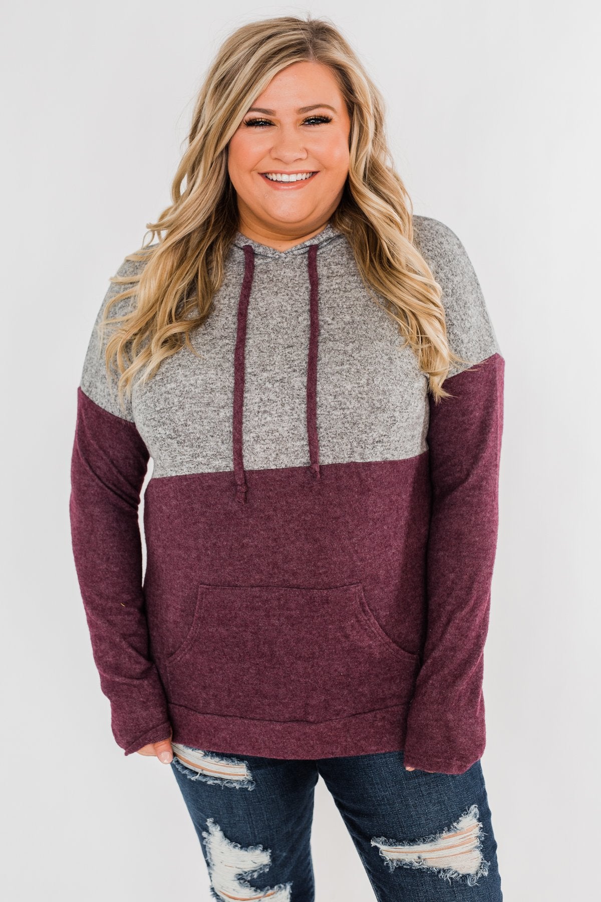 Melting Into You Drawstring Hoodie- Plum & Heather Grey