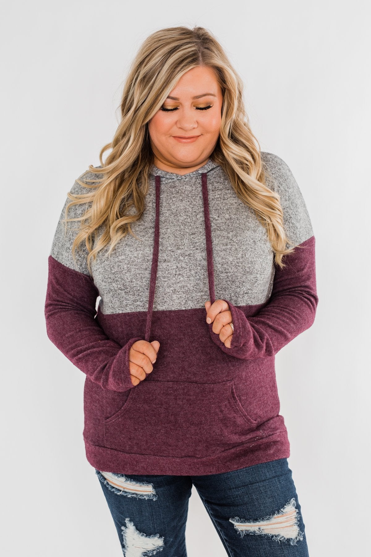 Melting Into You Drawstring Hoodie- Plum & Heather Grey
