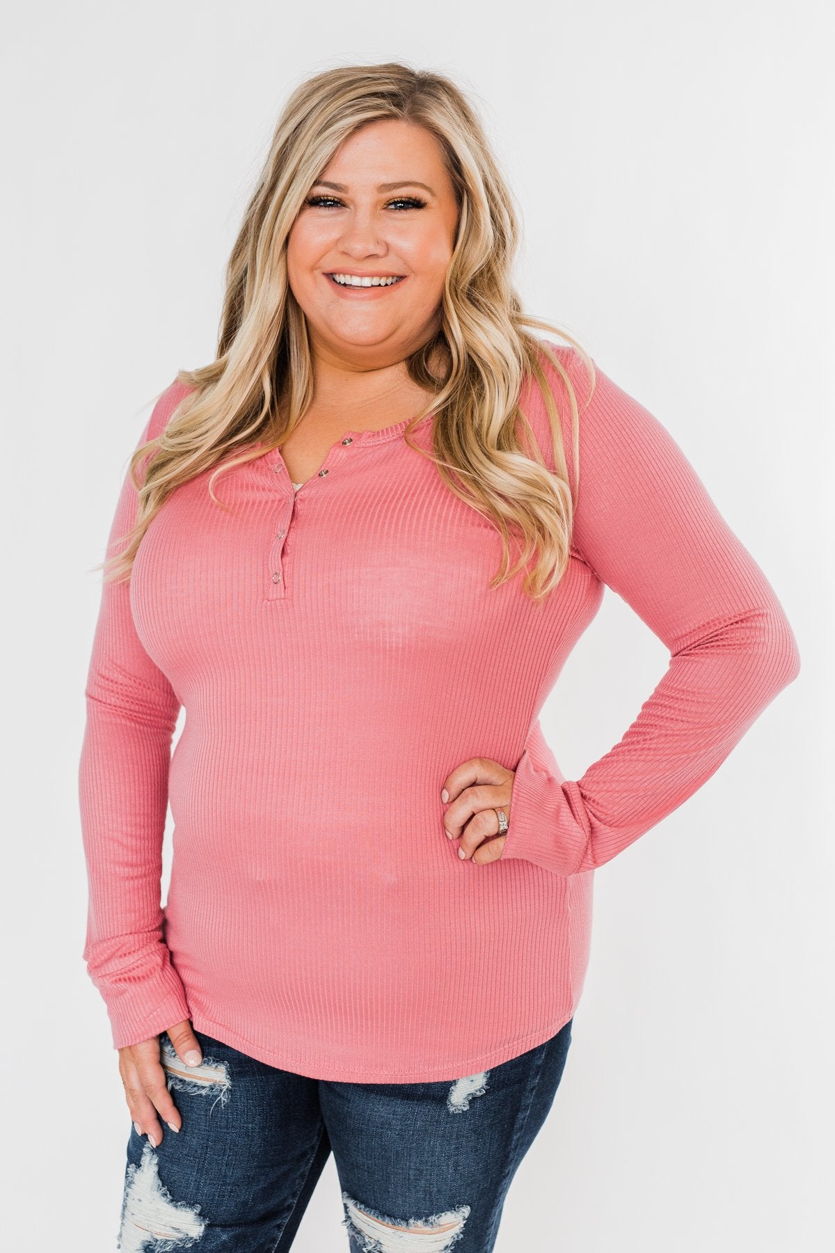 Snap Button Henley Top- Rose Pink