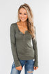 Snap Button Henley Top- Olive