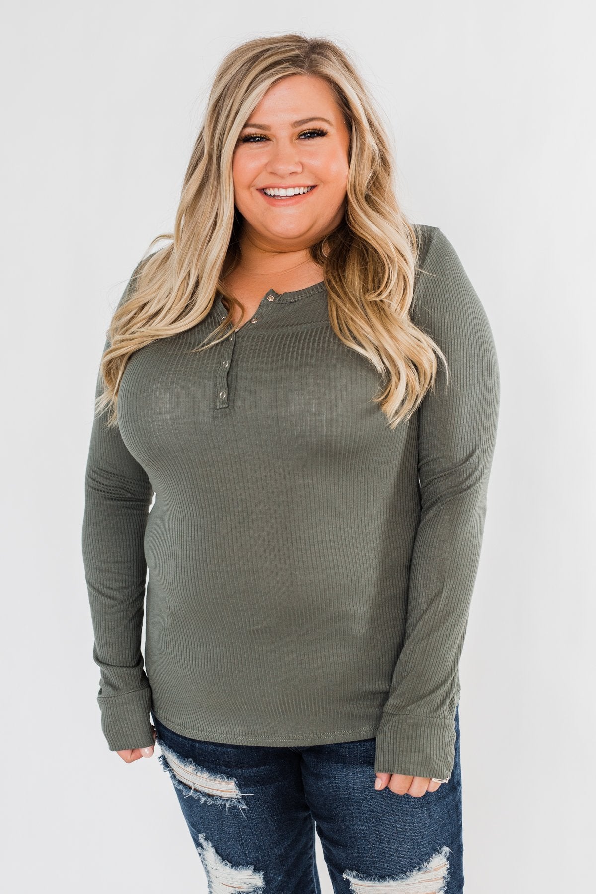 Snap Button Henley Top- Olive