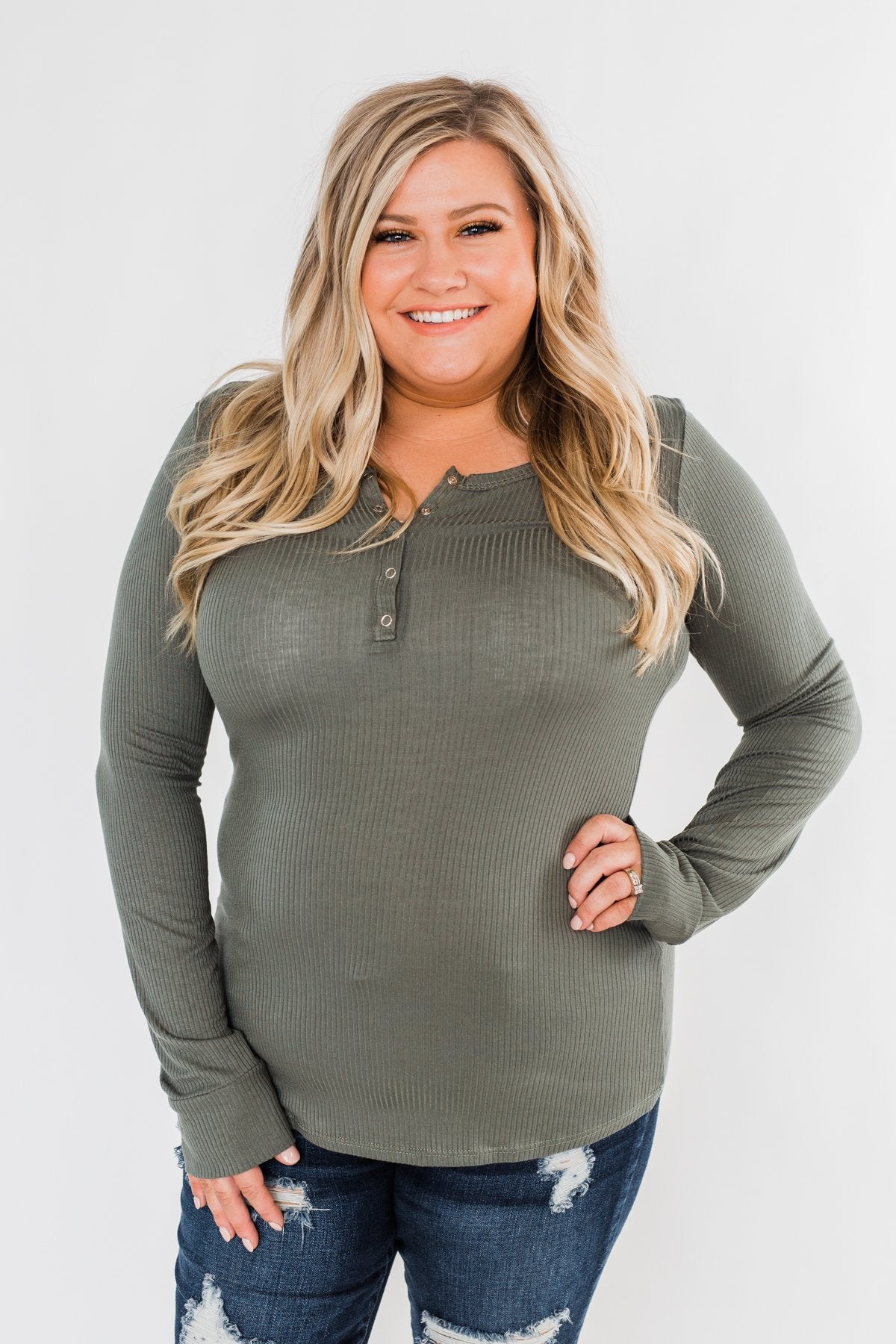 Snap Button Henley Top- Olive