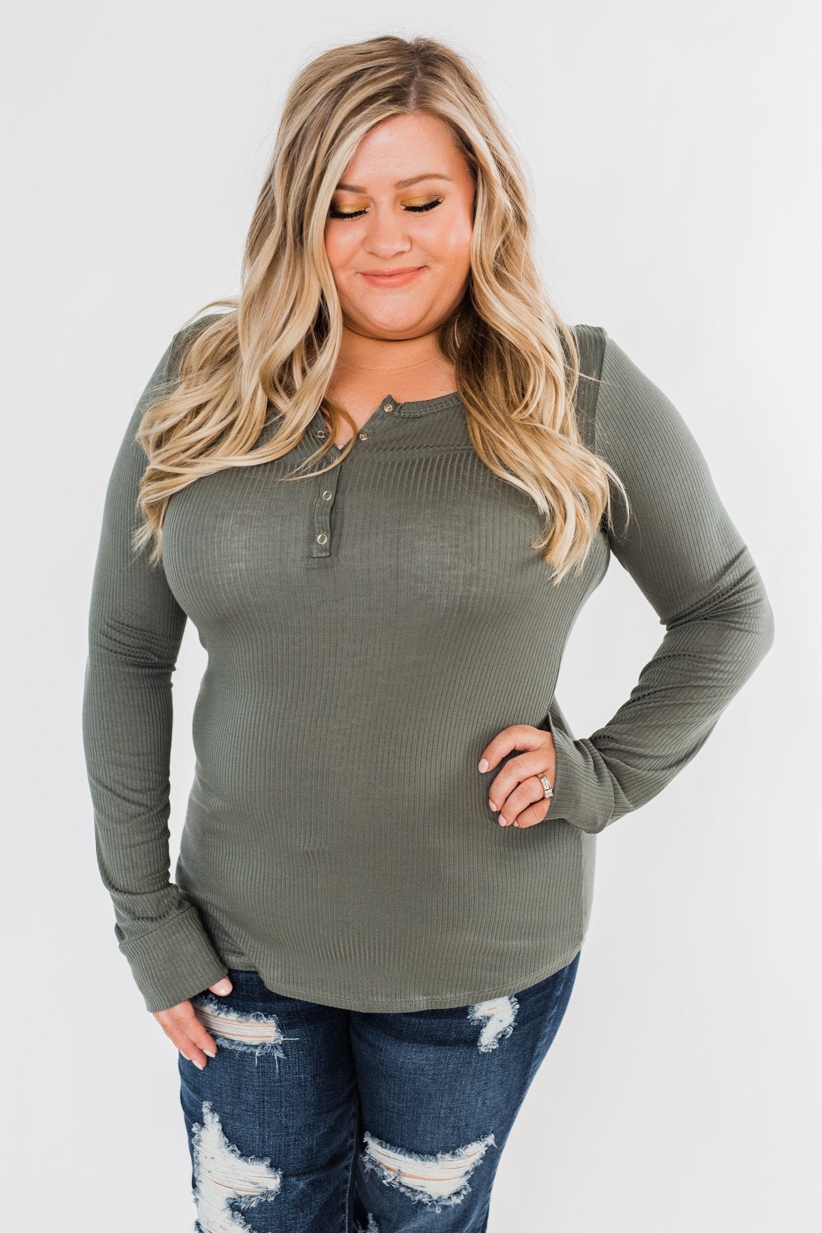 Snap Button Henley Top- Olive